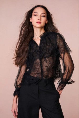 Black Women LoveShackFancy Duquette Sheer Lace Tops | YIL-894203