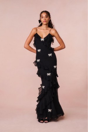 Black Women LoveShackFancy Rialto Crystal Bow-embellished Maxi Dress | IEZ-132846