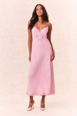 Pink Women LoveShackFancy Manuela Bow Slip Maxi Dress | GLU-372869