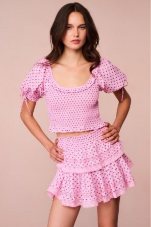 Pink Women LoveShackFancy Molly Cotton Bow Puff Sleeve Tops | XMC-304761