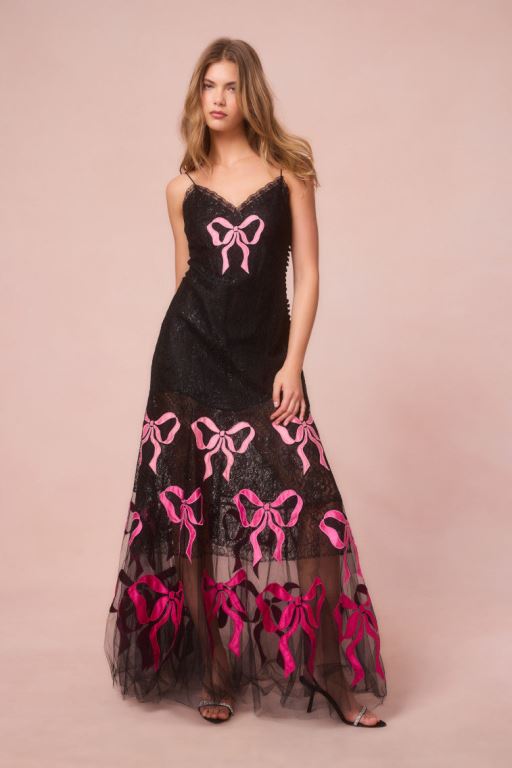 Black Women LoveShackFancy Carette Lace Maxi Bow Dress | VXC-950436