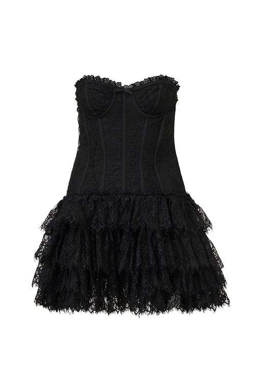 Black Women LoveShackFancy Carlene Lace Bustier Mini Dress | WVP-491065