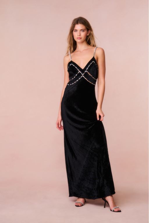 Black Women LoveShackFancy Corrino Velvet Embellished Maxi Dress | GIR-670592