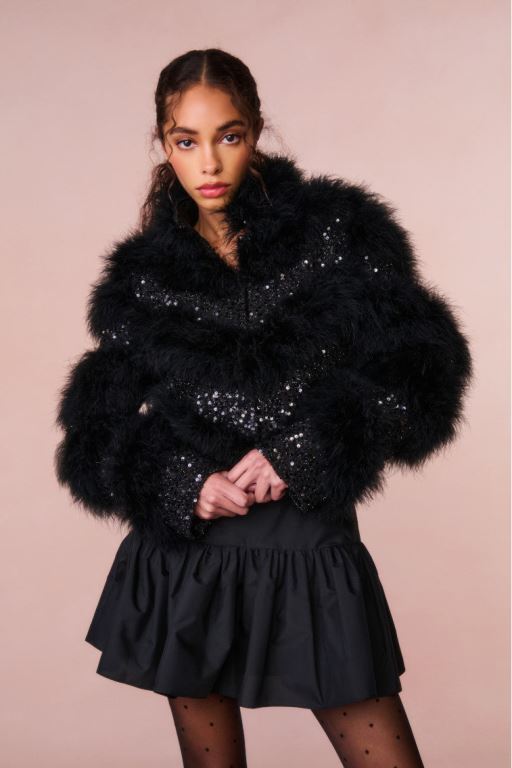 Black Women LoveShackFancy Curran Sequin Feathered Jackets | SAJ-639540