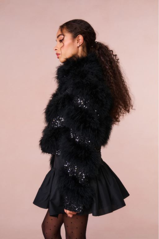 Black Women LoveShackFancy Curran Sequin Feathered Jackets | SAJ-639540