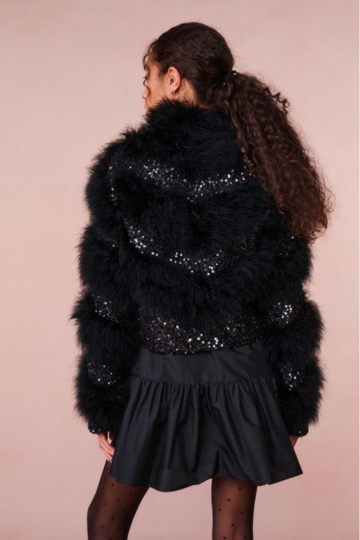 Black Women LoveShackFancy Curran Sequin Feathered Jackets | SAJ-639540