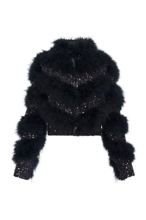 Black Women LoveShackFancy Curran Sequin Feathered Jackets | SAJ-639540