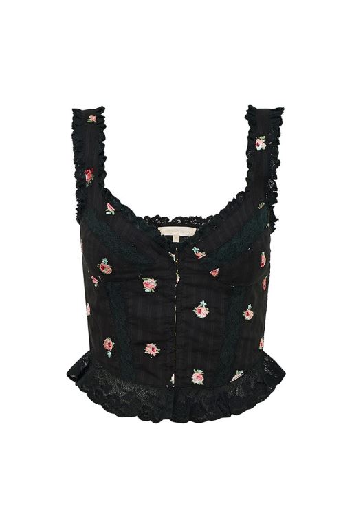 Black Women LoveShackFancy Galette Embroidered Floral Tops | WPS-435107