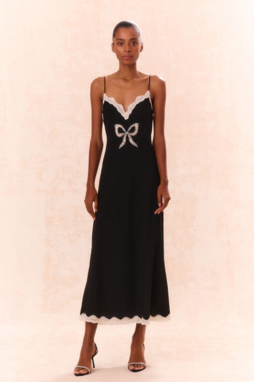 Black Women LoveShackFancy Manuela Bow Slip Maxi Dress | GSP-173562