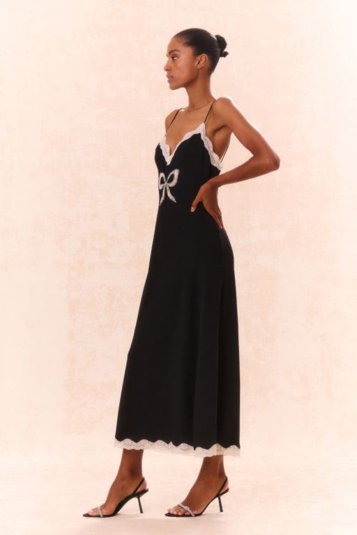 Black Women LoveShackFancy Manuela Bow Slip Maxi Dress | GSP-173562