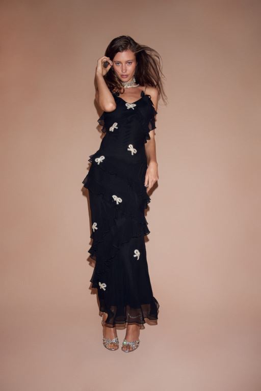 Black Women LoveShackFancy Rialto Crystal Bow-embellished Maxi Dress | IEZ-132846