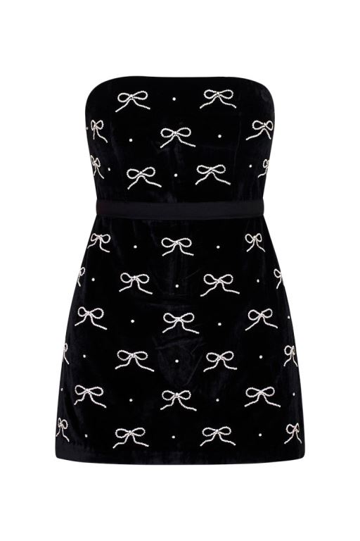 Black Women LoveShackFancy Rinwell Velvet Rhinestone Bow Dress | UVA-054629