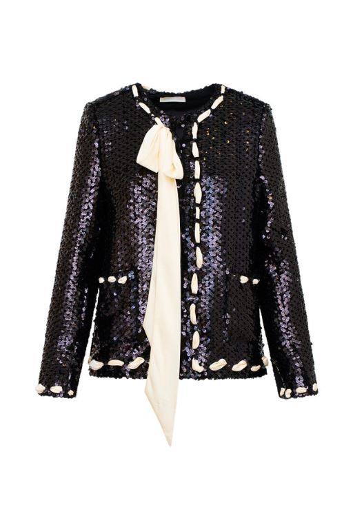 Black Women LoveShackFancy Rosina Ribbon Sequined Jackets | ZNW-310279