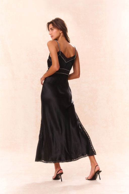 Black Women LoveShackFancy Valea Embellished Satin Maxi Dress | NLH-967324