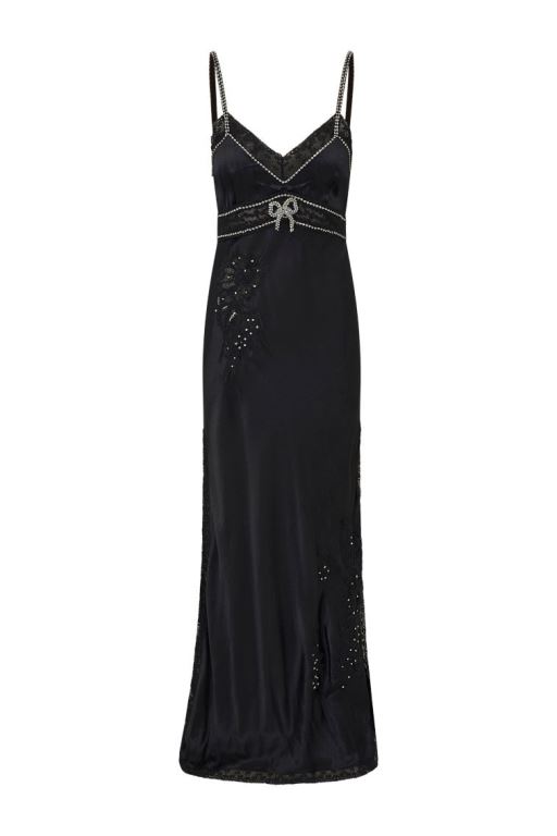 Black Women LoveShackFancy Valea Embellished Satin Maxi Dress | NLH-967324