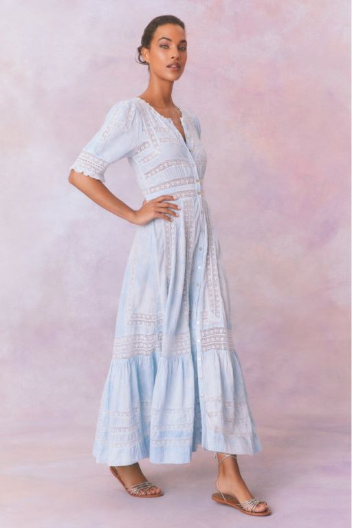 Blue Women LoveShackFancy Minka Stripe Hand Dye Lace Maxi Dress | NST-152074