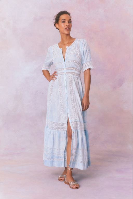 Blue Women LoveShackFancy Minka Stripe Hand Dye Lace Maxi Dress | NST-152074