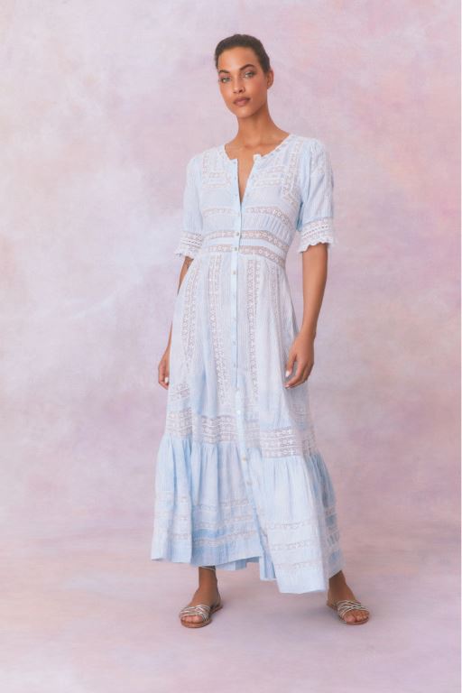 Blue Women LoveShackFancy Minka Stripe Hand Dye Lace Maxi Dress | NST-152074