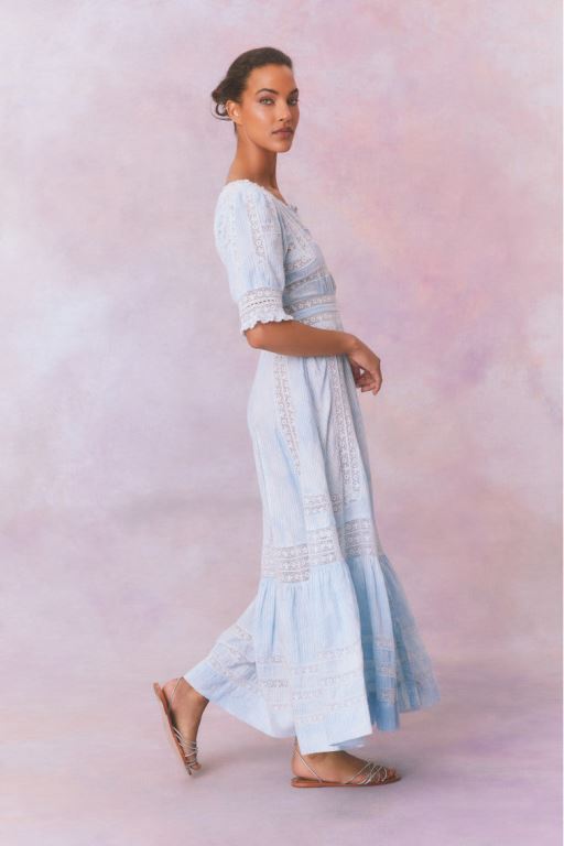 Blue Women LoveShackFancy Minka Stripe Hand Dye Lace Maxi Dress | NST-152074