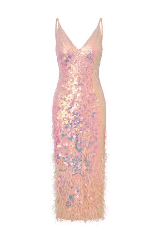 Iridescent Peche Women LoveShackFancy Miriana Iridescent Midi With Feathers Dress | HNV-143259