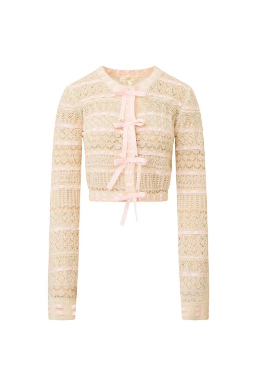 Light Yellow Rose Women LoveShackFancy Roselline Bow-detailed Knit Cardigan | UPB-129047