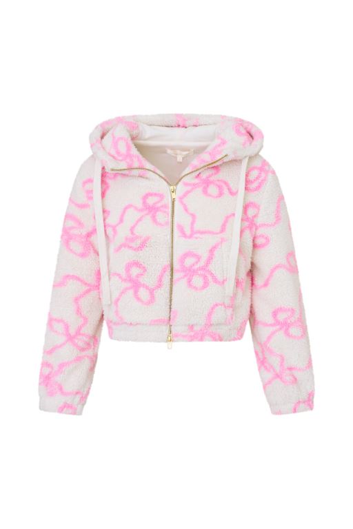 Pink Kids\' LoveShackFancy Jacquel Fleece Bow Print Bomber Coats | OZS-420583