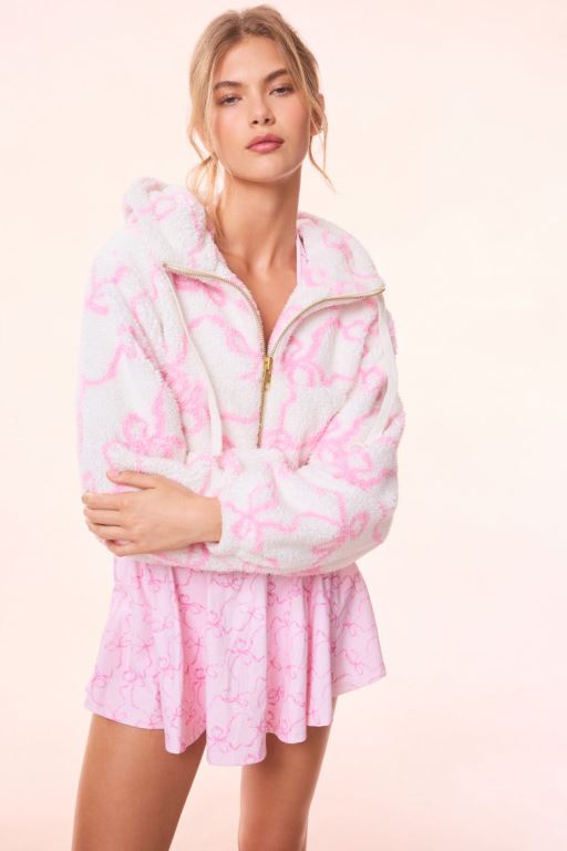 Pink Women LoveShackFancy Darcelle Bow Print Teddy Bomber Fleece | RWL-051647