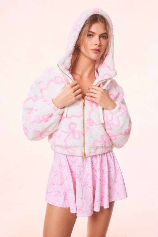 Pink Women LoveShackFancy Darcelle Bow Print Teddy Bomber Fleece | RWL-051647