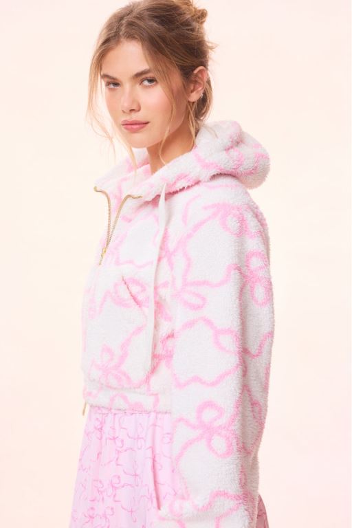 Pink Women LoveShackFancy Darcelle Bow Print Teddy Bomber Fleece | RWL-051647