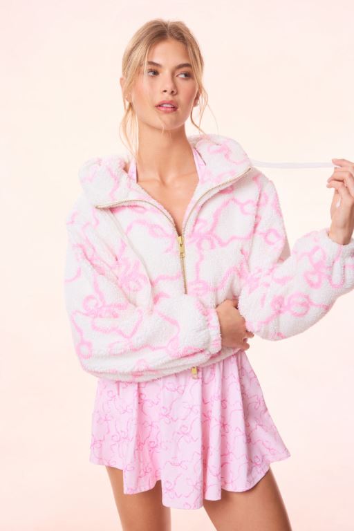 Pink Women LoveShackFancy Darcelle Bow Print Teddy Bomber Fleece | RWL-051647