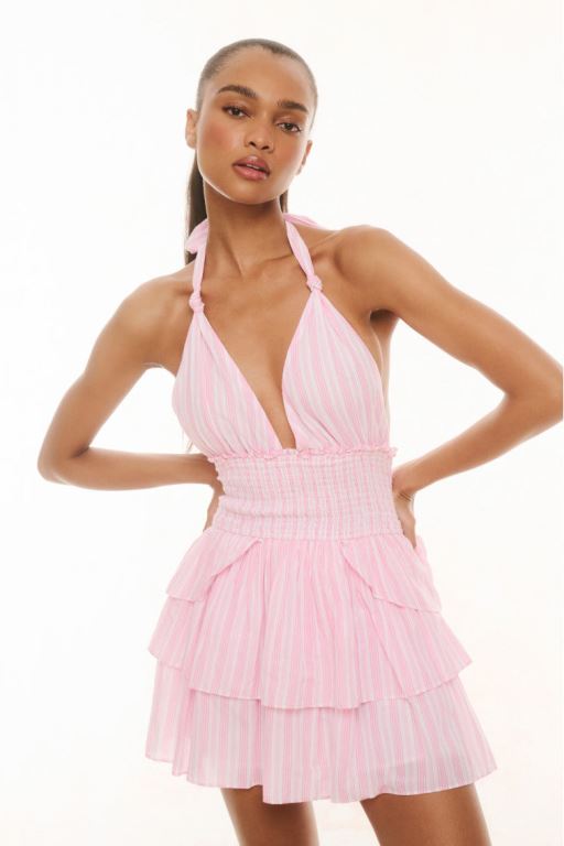 Pink Women LoveShackFancy Deanna Cotton Striped Halter Dress | WEF-930287