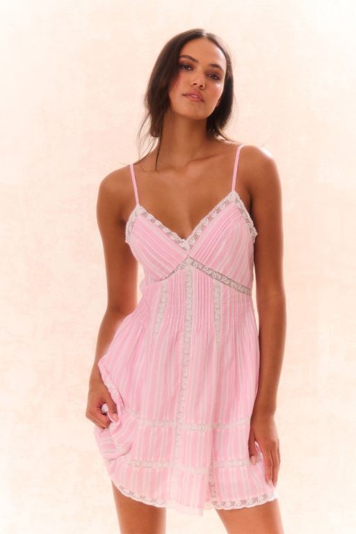 Pink Women LoveShackFancy Docila Cotton Striped Dress | QZI-921537