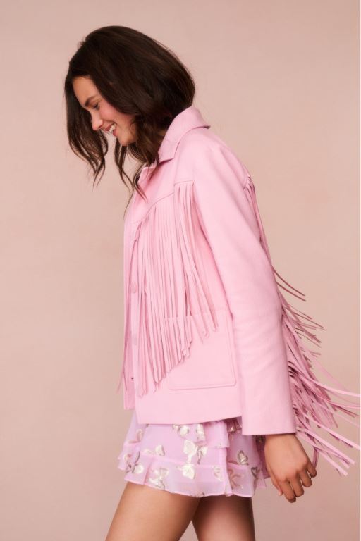 Pink Women LoveShackFancy Geraline Leather Fringe Jackets | VEO-824051