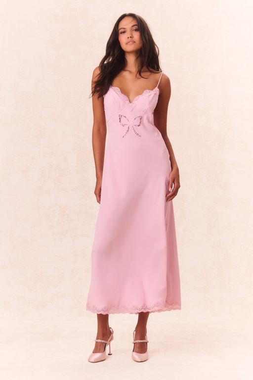 Pink Women LoveShackFancy Manuela Bow Slip Maxi Dress | GLU-372869