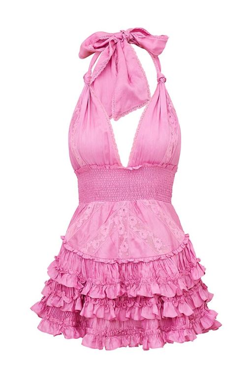 Pink Women LoveShackFancy Quintelle Ruffle Halter Mini Dress | WHS-731286