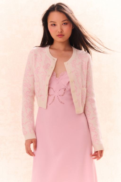 Pink Women LoveShackFancy Veronika Bow Print Cardigan | WCL-769053