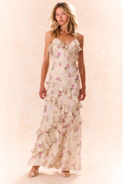 Purple Women LoveShackFancy Rialto Floral Silk Maxi Dress | DNR-276148