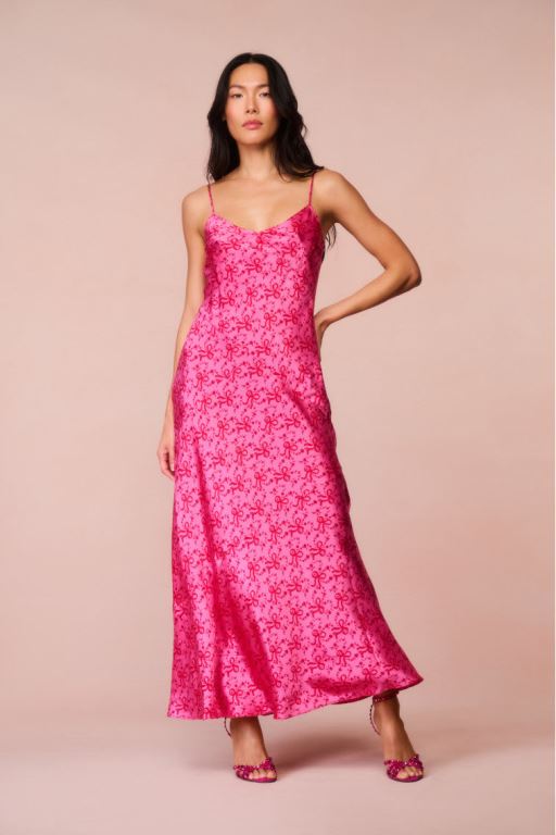 Raspberry Burst Women LoveShackFancy Azalea Silk Bow-printed Maxi Dress | NZF-472905