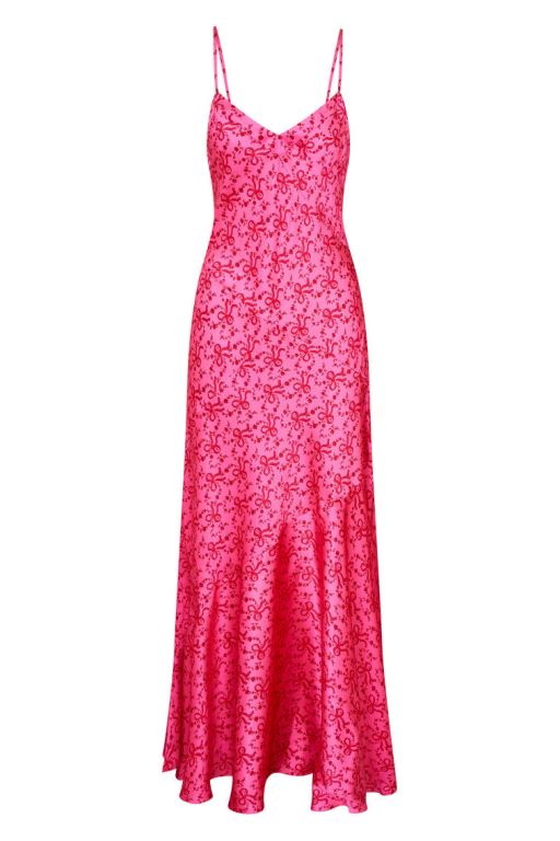 Raspberry Burst Women LoveShackFancy Azalea Silk Bow-printed Maxi Dress | NZF-472905