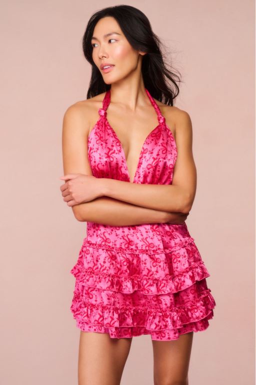 Raspberry Burst Women LoveShackFancy Quintelle Silk Bow-printed Halter Mini Dress | CTP-017629