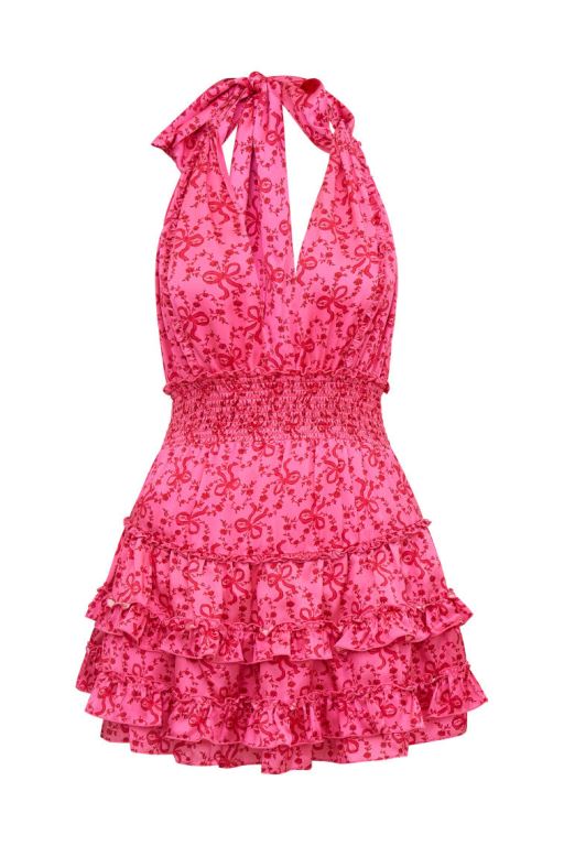 Raspberry Burst Women LoveShackFancy Quintelle Silk Bow-printed Halter Mini Dress | CTP-017629