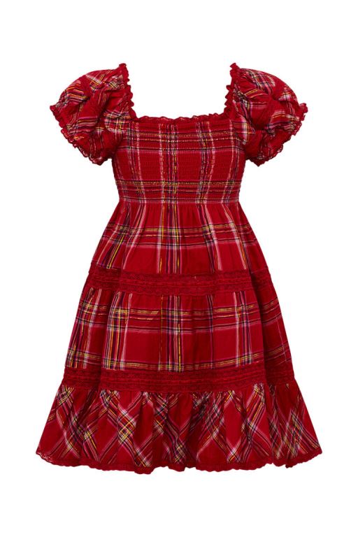 Red Kids' LoveShackFancy Muriella Tartan Midi Dress | LAR-547863