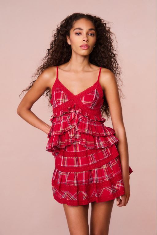 Red Women LoveShackFancy Abbott Tartan Ruffle Tops | BIK-715230