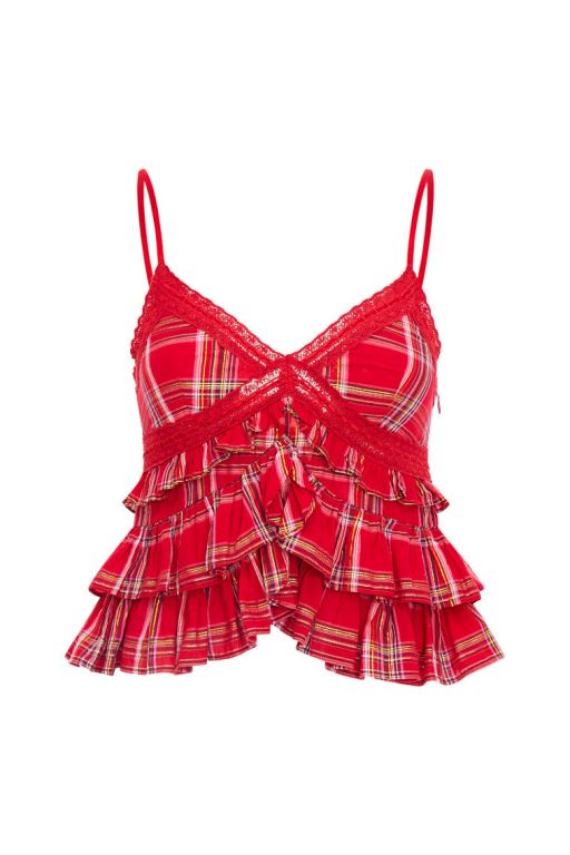 Red Women LoveShackFancy Abbott Tartan Ruffle Tops | BIK-715230