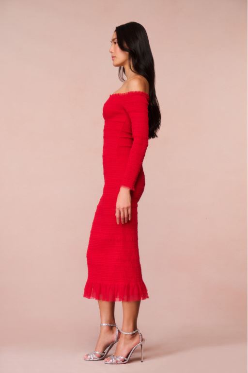 Red Women LoveShackFancy Avelle Smocked Tulle Midi Dress | LAI-796510