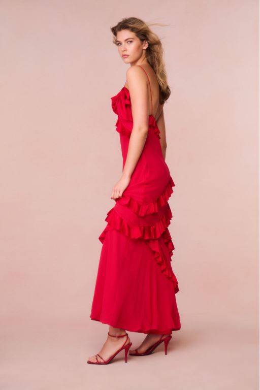 Red Women LoveShackFancy Rialto Silk Ruffle Maxi Dress | GOC-481267