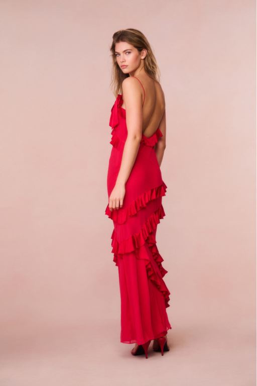 Red Women LoveShackFancy Rialto Silk Ruffle Maxi Dress | GOC-481267