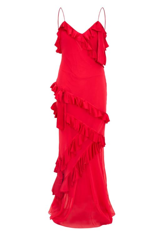 Red Women LoveShackFancy Rialto Silk Ruffle Maxi Dress | GOC-481267