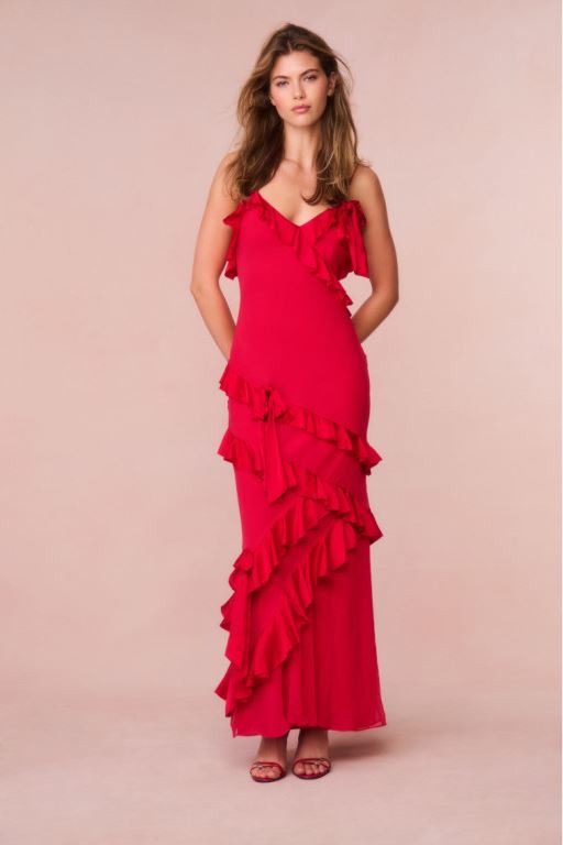 Red Women LoveShackFancy Rialto Silk Ruffle Maxi Dress | GOC-481267