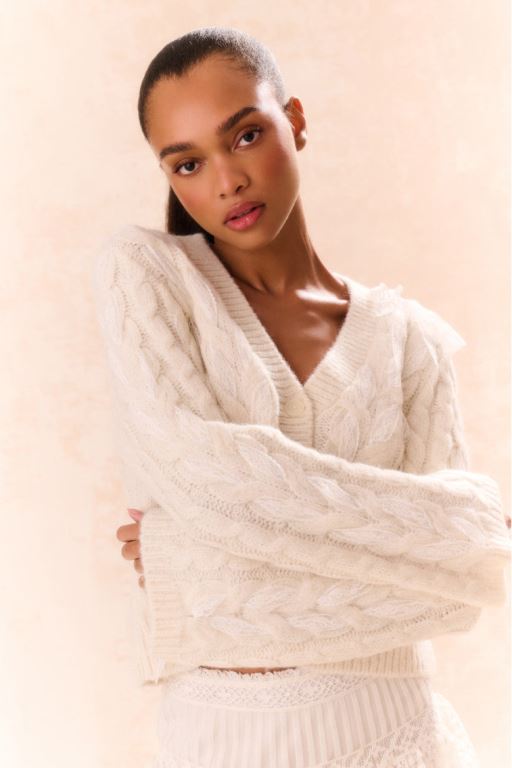 Silver White Women LoveShackFancy Louella Wool Knit Cardigan | UJT-541392